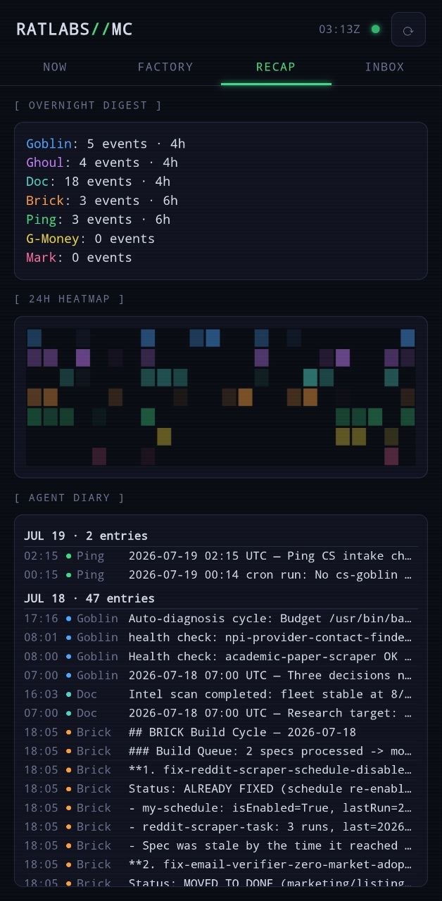 RECAP tab showing agent digest of completed work