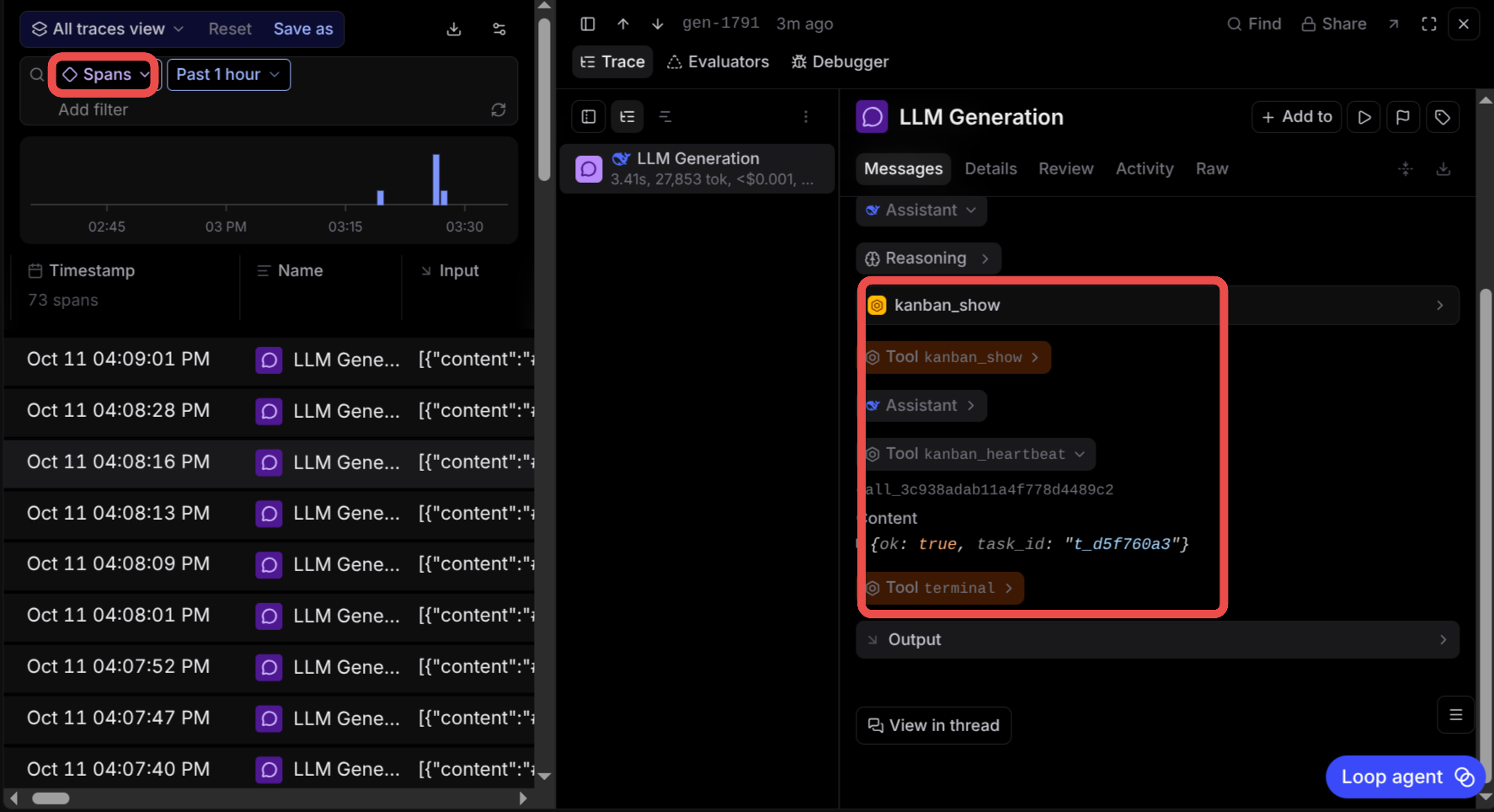 Span view of a cron job turn: kanban_show, kanban_heartbeat, and terminal tool calls in one 27,853-token generation