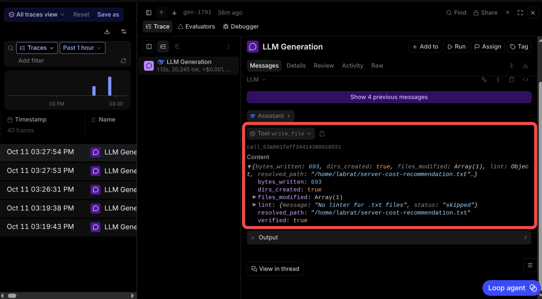 The write_file tool call: 693 bytes written to server-cost-recommendation.txt, verified true